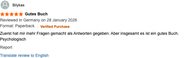 5-star Amazon review by Bilykas from Germany (Verified Purchase, January 2026) titled "Gutes Buch".